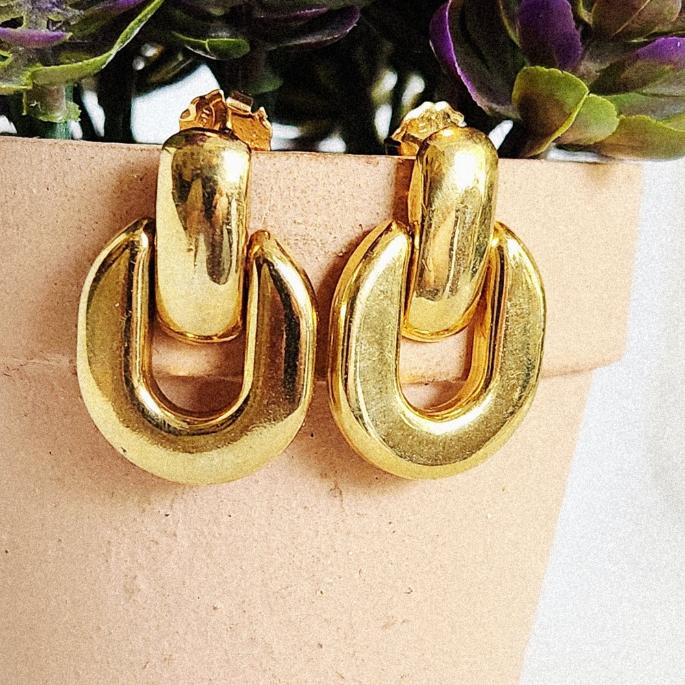 Vintage Gold Door Knocker Drop Earrings Chunky Geometric Post Back Statement